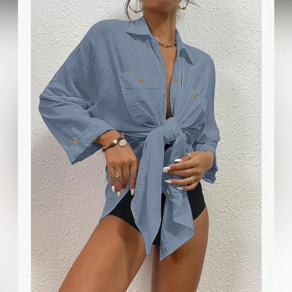 Blue Button-Up Swimsuit Cover-Up/Dress - Picture 2 of 10